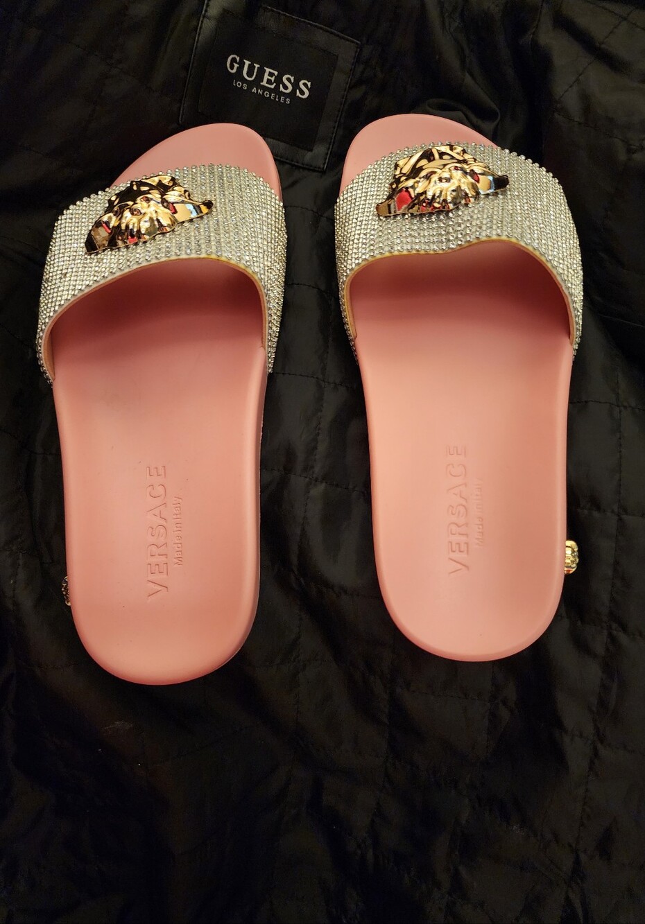 Versace Pink Crystal Slide Sandals with Gold Medusa Emblem